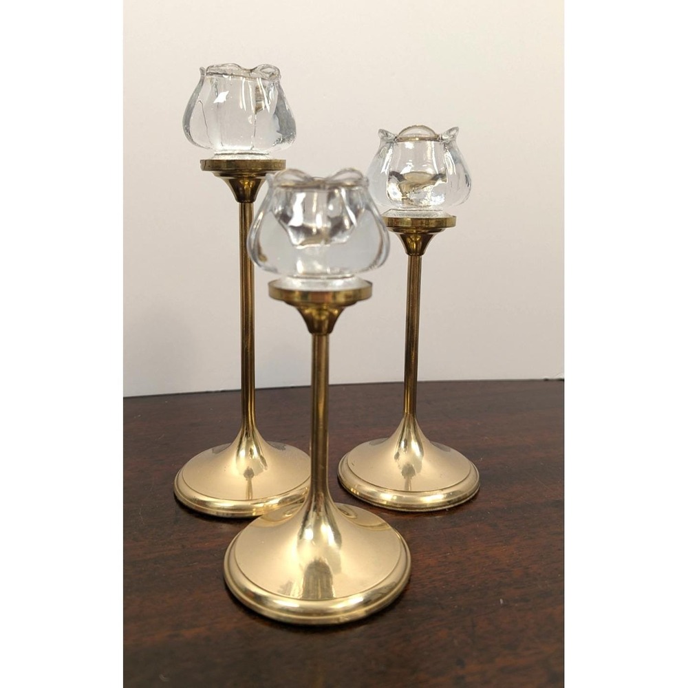 Vintage Graduated Brass Candlestick Holders Set 3 Glass Tulip Votive Cups Gold - Picture 2 of 7